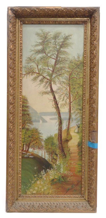 19th c. Landscape Painting: 19th c. Hudson River School oil on panel (N.Y. label verso), View From West Point landscape with figures and boat. Sight 24" x 8 1/2".