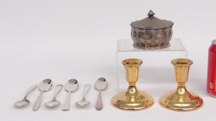 Candlestick & Misc. Lot: Lot including pair 24 Karat gold electroplated candlesticks, hallmarked box (silver ?, 206 grams), set of International silver company spoons.