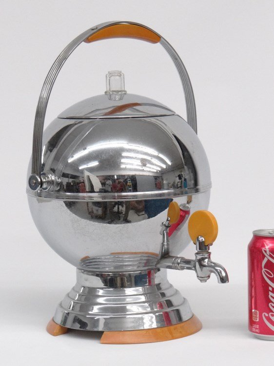 Art Deco Coffee Maker: Art Deco coffee maker marked Manning Bowman & Co. Meriden Ct. 15 1/2" Ht. when handle is up.