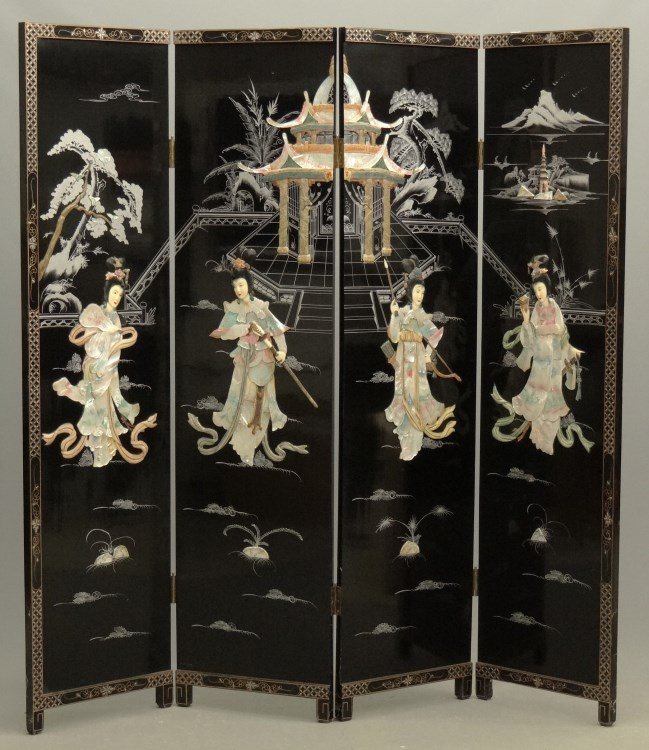 Chinese Folding Screen: Chinese four part folding screen, each section 18"x 73 1/2" Ht..
