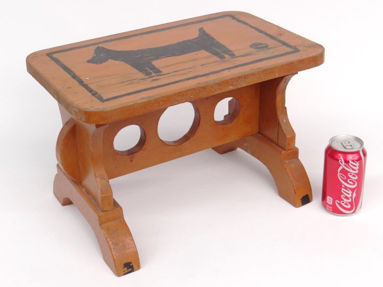 Folk Art Footstool: Folk art painted footstool. 16" x 10 1/2" x 11" Ht.