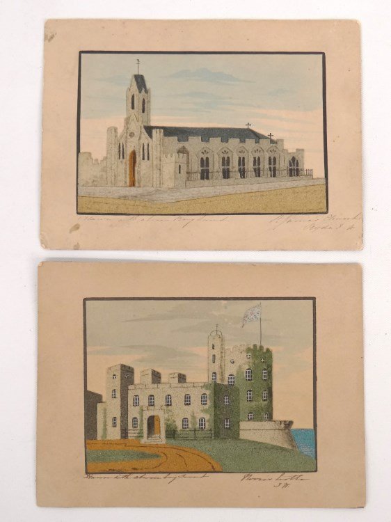 Continental School Castle Watercolors: Continental School castles (2), watercolors with sand. signed. Unframed. 6 1/4" x 4 1/2".