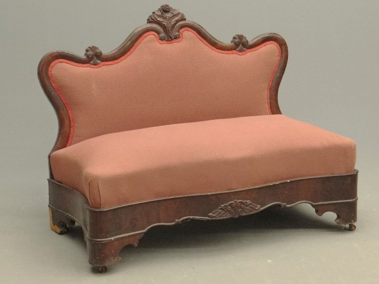 Empire Settee: 19th c. Empire mahogany upholstered settee. 40" W. As found.