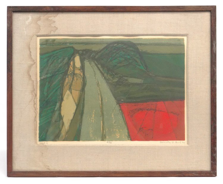 Kenneth Auvil Signed Print: Kenneth Auvil (Cal. b. 1925), signed and numbered print "Road II 4/26 Kenneth W. Auvil 1965". Sight 12 1/2" x 17 1/2". Mat stained.