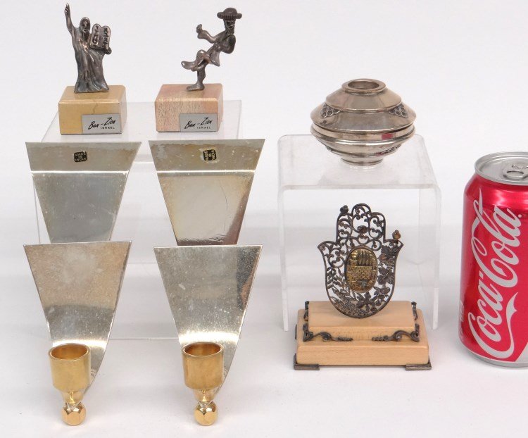 Judaica Lot: Judaica lot including: Ben Zion sterling silver dancing Hasidic figure 3" Ht. (marked .925), sterling silver Hamsa (keeps the evil eye away) 4" Ht. (marked 925), Ben Zion sterling silver Moses with 10