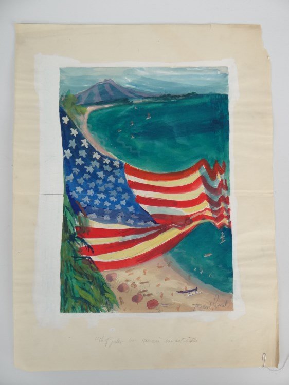 David Pascal Patriotic Watercolor: David Pascal (American b. 1918), Patriotic watercolor, pencil signed. 24" x 18".