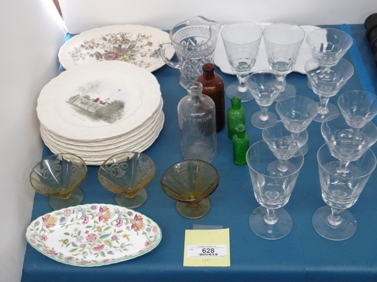 Misc. Lot: Misc. lot including clear stemware, set of Currier & Ives plates, bottles, depression glass etc.