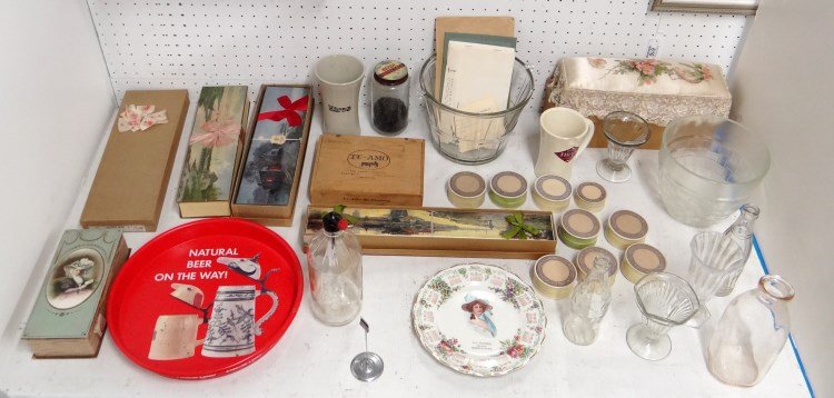 Misc. Lot: Collection of misc. country store and soda fountain collectables including: (2) Hires rootbeer mugs, "J.F. Turner grocer, Augusta Maine", 9" 1910 calendar plate, (3) ice cream Sunday glasses, "triangl