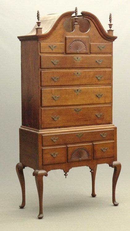 18th c. Bonnet Top Highboy: 18th c. Chippendale bonnet top double fan carved highboy. Top has (7) drawers, base with four drawers, has drop pendants. 37" x 18"x 84 1/2" Ht.