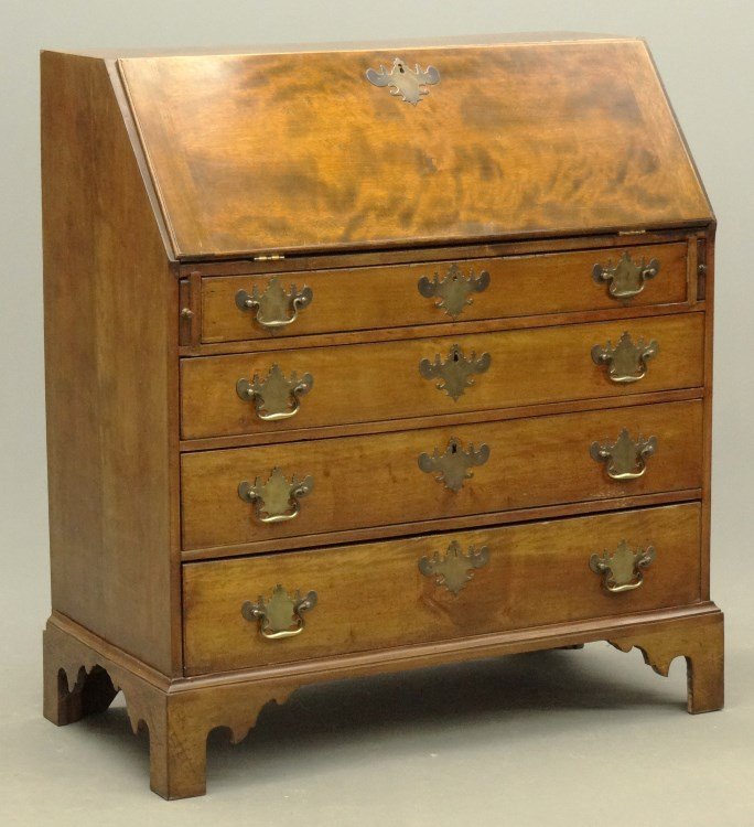 18th c. Slant Lid Desk: 18th c. four drawer bracket base slant lid desk. 39" x 19" x 43" Ht.