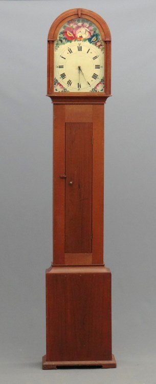 19th c. Grandfather Clock: 19th c. cherry grandfather clock with dometop hood with applied elements. Painted floral face with brass works, back of face signed in two spots. Comes with two weights and pendulum. 7' 8" Ht. Propert