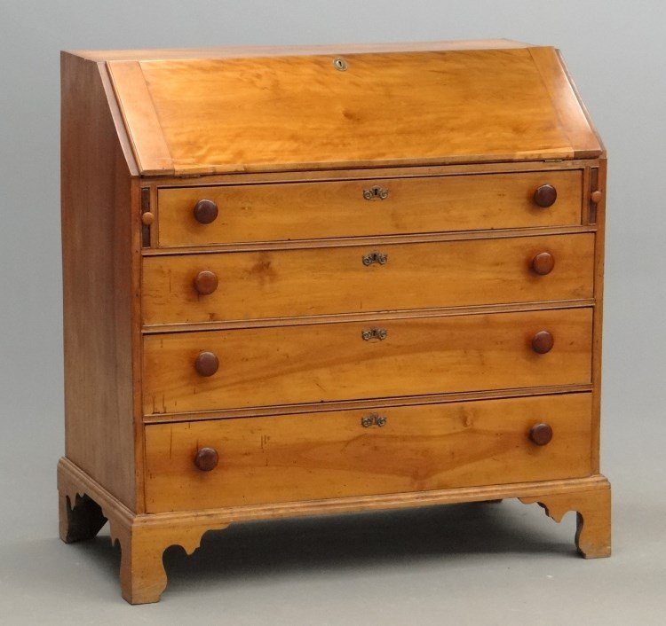 18th c. Birch Slant Lid Desk: 18th c. birch four drawer slant lid desk with bracket base. 42" x 22" x 43" Ht.