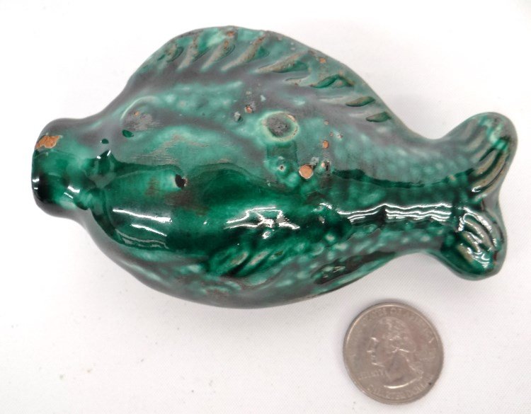 Redware Pottery Fish Flask: Glazed redware pottery fish. 4" L.