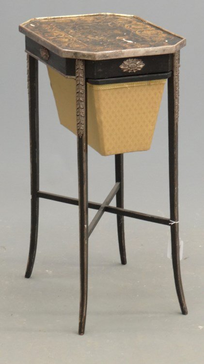 19th c. English Sewing Table: 19th c. English penwork "X" stretcher base sewing table with bag. Top 18 1/2" x 13 1/2" x 30" Ht.