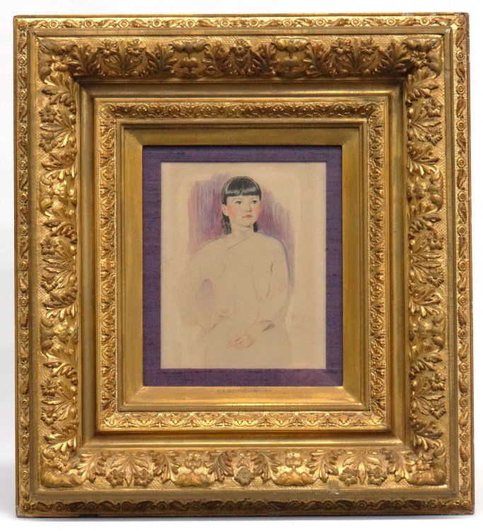 Robert Frederick Blum. Portrait Of A Woman: Robert Frederick Blum (N.Y./Ohio 1857 - 1903), portrait of a woman signed LRC "Blum '89". Sight 10" x 8". Complex frame.