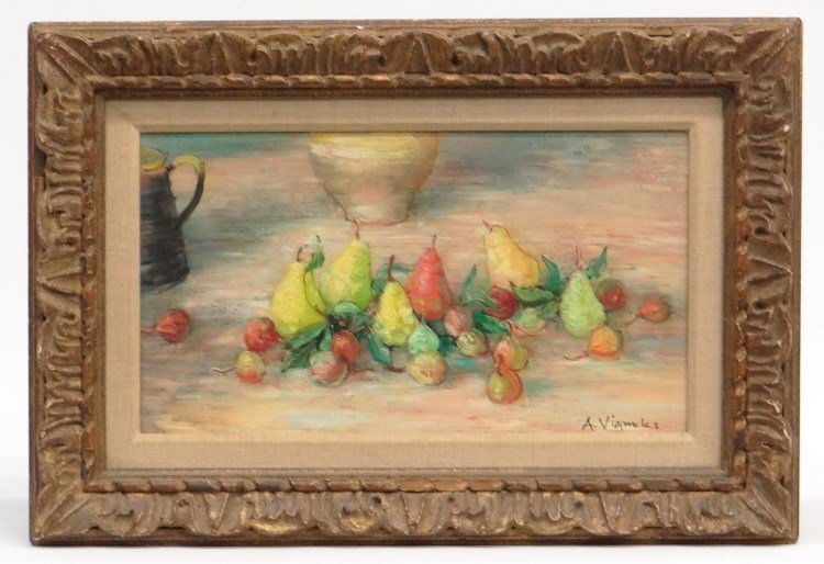 Andre Vignoles (France b.1920), Still Life: Andre Vignoles (France b. 1920 ). still life with fruit, oil on canvas. Signed LRC. Verso has David B. Findlay Gallery label. Titled "Les Poires". Painting 7 1/2" x 13".