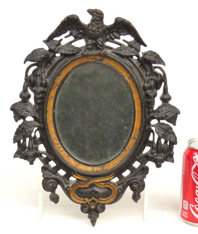 Cast Iron Mirror: C. 1850 cast iron mirror with patriotic eagle finial. 12 1/2" x 9 1/2".