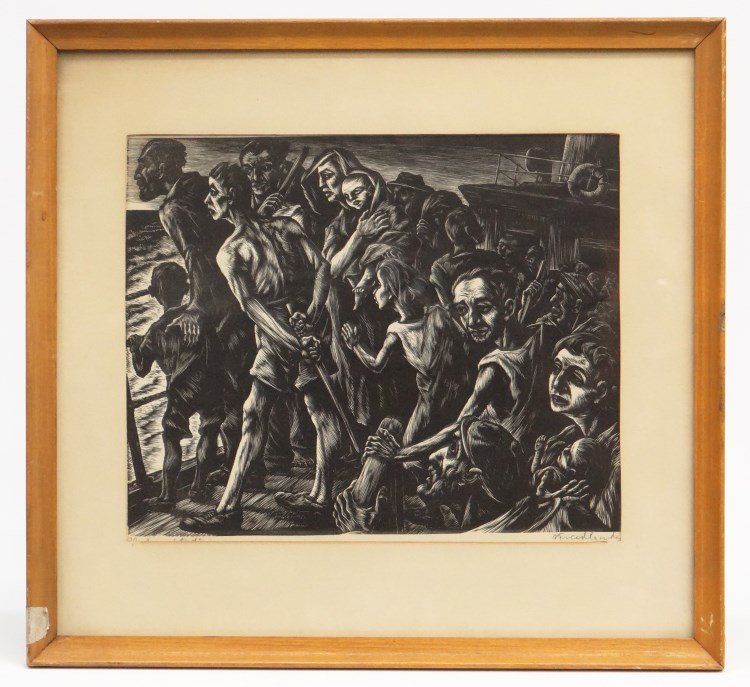 Isaac Friedlander (1890 - 1968), "Intercepted": Isaac Friedlander (1890 - 1968), signed woodcut, titled "Intercepted" LLC, pencil signed LRC. Sight 11" x 13".