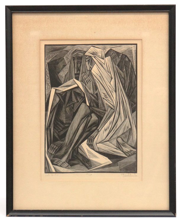 Isaac Friedlander (1890 - 1968), "JOB 2:13": Isaac Friedlander (1890 - 1968), signed lithograph "JOB 2:13, 14/50". Sight 15 1/2 x 11".