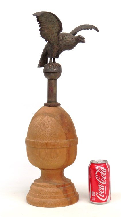 19th c. Cast Iron Flag Pole Finial: 19th c. cast iron patriotic eagle flag pole finial. Excellent casting detail, includes wooden post top base. 11 3/4" wing span x 9 1/2" Ht.. Overall 21 1/4" Ht..