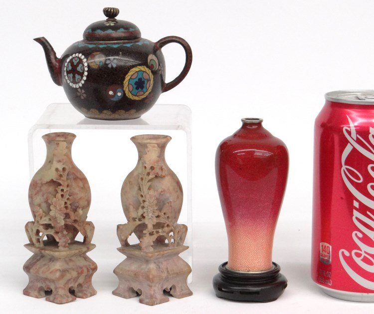 Asian Lot: Asian lot including pair soapstone vases (4" Ht.), metalware teapot (4" L., 2" Ht.), vase on stand (vase 4" Ht.).