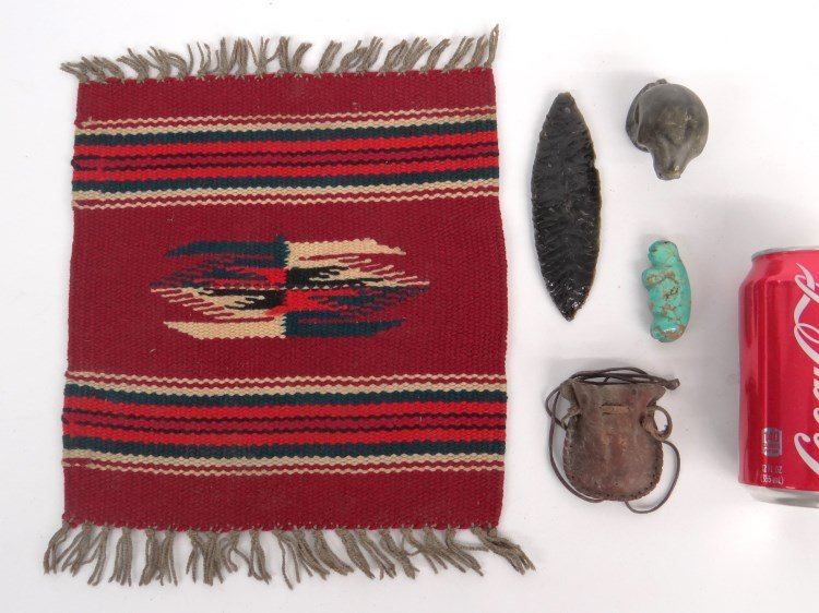 Native American Lot: Native American lot including spearhead (5" L.), small mat (9 1/2" x 10 1/2"), turqouise Buffalo fetish in orig. bag, Inuit sculpture of walrus signed "ELIASSIE". 2" Ht.