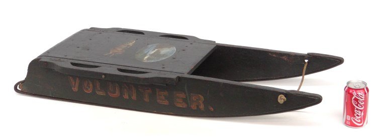 19th c. Child's Sled: 19th c. Child's "Volunteer" sled stenciled with hand painted landscape. Wroght iron runners. 40" L. x 14 3/4" W..