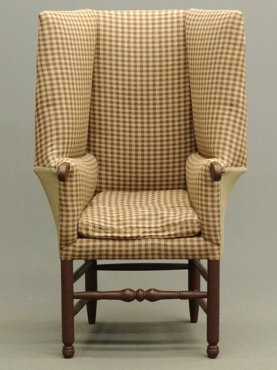 Wing Chair: Colonial style wing chair, base in red paint. 21" seat Ht., 49" overall Ht. Provenance Dr. Jamie Turndorf Millbrook New York.