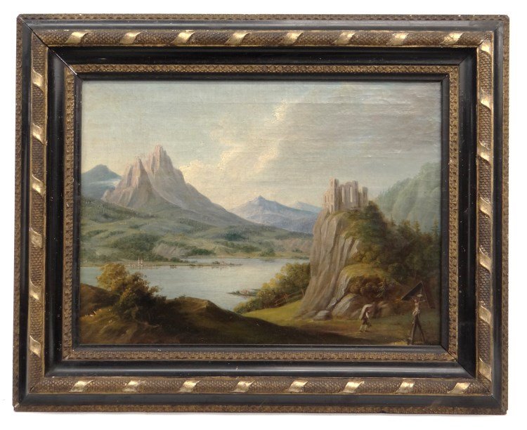 Continental School Landscape Painting: 19th c. Continental School (Austrian ?), landscape with figure. Painting