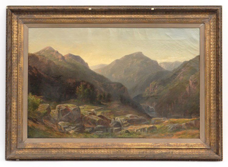 American School Mountain Landscape Painting: 19th c. American School, mountain landscape, oil on canvas. Painting 26" x 40 1/2".