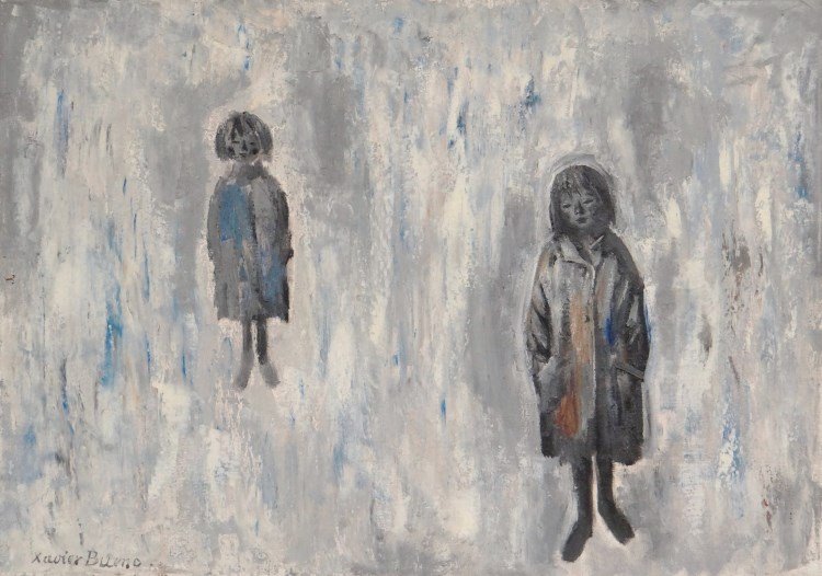 Xavier Bueno (1915 - 1979), Oil On Canvas: Xavier Bueno (Spain/Italy 1915 - 1979), abstract with figures, signed LLC. Painting 19" x 27". Has Sagittarius Gallery New York City label verso.