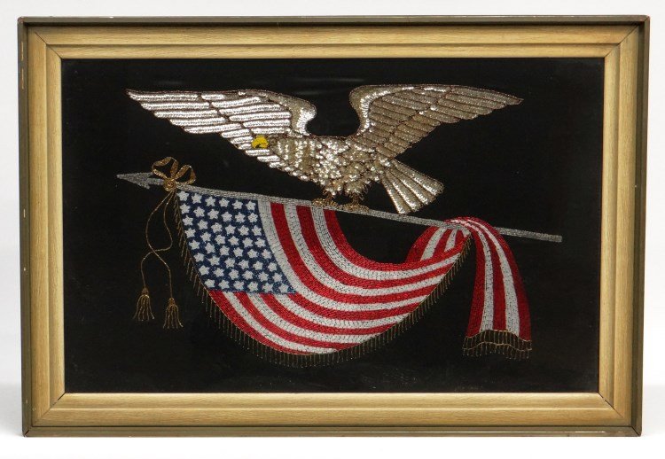 Patriotic Beadwork: Early Patriotic eagle and flag beadwork. Frame 22" x 32" overall.