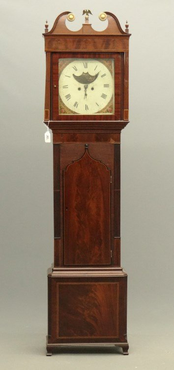 19thc. English Grandfather Clock: 19th c. English grandfather clock. Face signed "John Oakes…Oldham". Mahogany inlaid case with ogee feet. Note: case needs some restoration .Retains pendulum and two weights. 20 1/2" x 9" x 7'2 1/2".