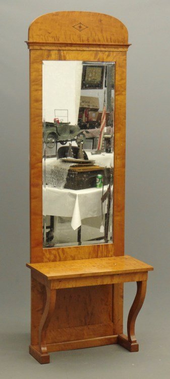 Biedemeier Mirror On Stand: Biedermeier inlaid beveled mirror on stand. Mirror 63" Ht., stand 23 1/2" Ht.