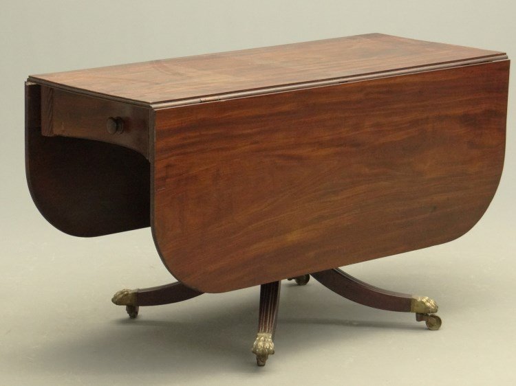 Federal Drop Leaf Table: Federal mahogany drop leaf table attributed to the shop of Thomas Seymour, Boston. Note: concave apron with end drawer. 48" x 20" x 28 1/8" Ht. and 19" leaves. Note: one leaf repaired.