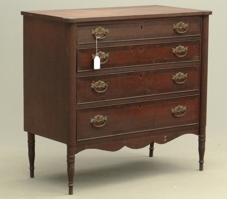 19th. Sheraton Chest of Drawers: 19th c. Sheraton chest of drawers attributed to William Lloyd (1779 - 1845) Springfield, MA. Old finish, replaced Victorian brasses. 41 1/2" x 20" (at cookie corners) x 38" Ht..