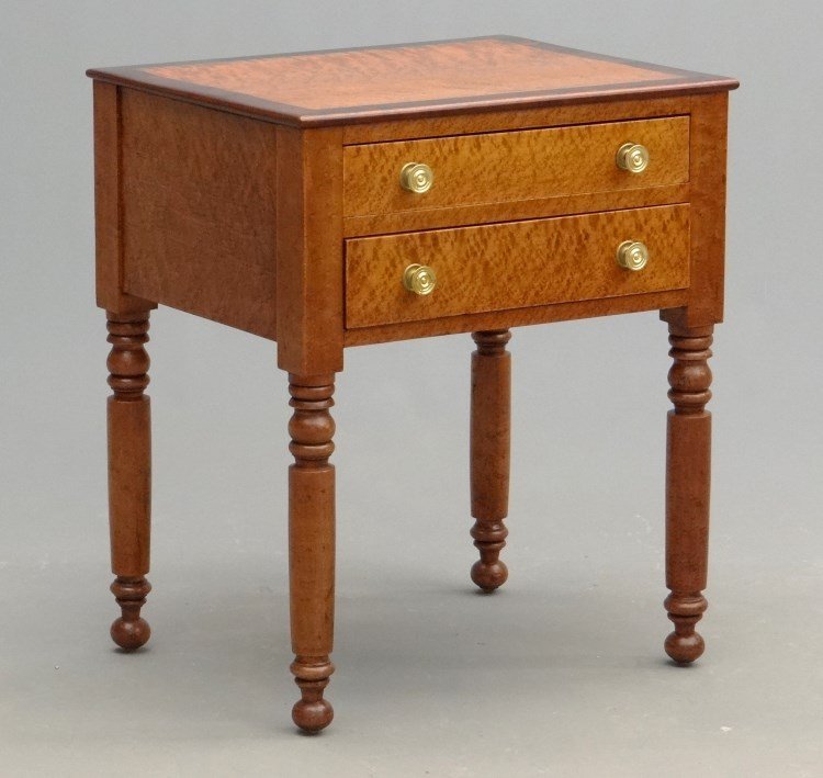 19th c. Sheraton Stand: 19th c. country Sheraton birdseye maple two drawer stand with rosewood banded top. 23 3/4" x 19 1/4" x 28 1/2" Ht..