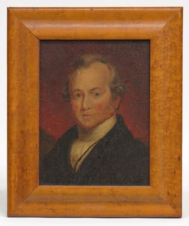 19th c. Painting Portrait Of A Gentleman: 19th c. oil on panel portrait of a gentleman. Sight 8 1/2" x 6 1/2". In birdseye maple frame.