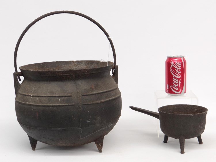 Iron Lot: Lot including 18th c. posnet pot (11" L.), and 18th c. iron swing handle pot (11" D., 10" Ht.).