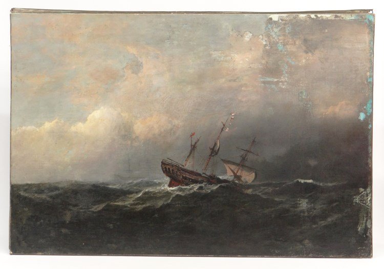 19th c. Painting Sinking Ship: 19th c. oil on canvas sinking ship, probably English, unframed, as found. 30" x 45".