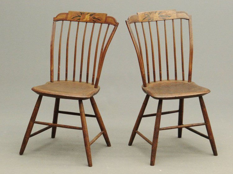 Pair 19th c. Windsor Chairs: Pair 19th c. Windsor chairs in original paint decoration. 18" seat Ht., 35 1/2" overall Ht.