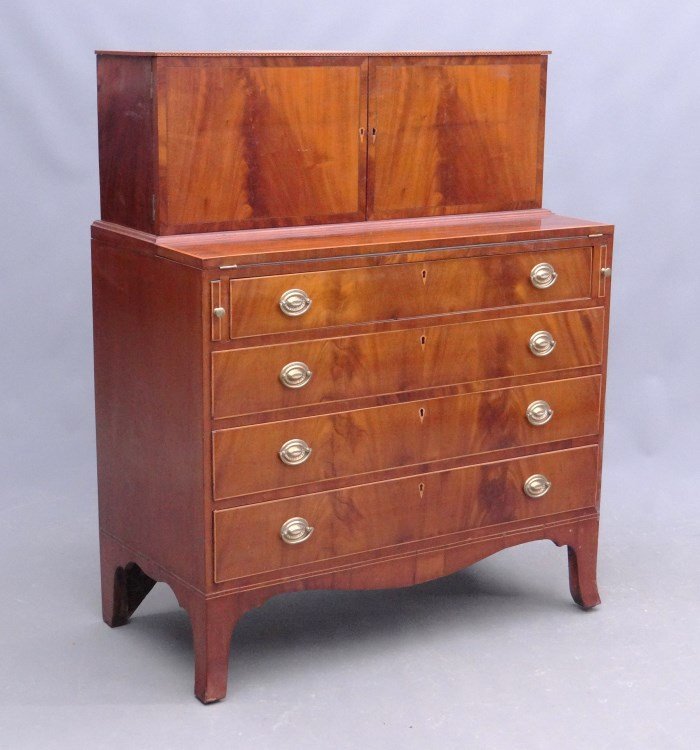 19th c. Hepplewhite Secretary: 19th c. Hepplewhite French foot inlaid two part mahogany secretary, fitted interior, original brasses. 38 1/2" x 19" x 47 1/4".