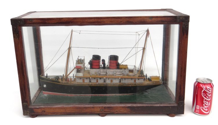 Ship Diorama: Early polychrome painted ship diorama. 22" x 10" x 14" overall.