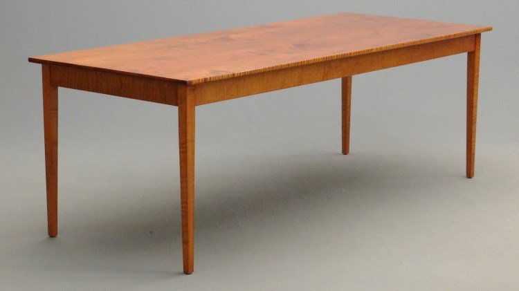 Ian Ingersoll Tiger Maple Dining Table: Signed Ian Ingersoll tiger maple dining table with tapered legs. Ian Ingersoll Cabinet Makers West Cornwall Ct. Highly figured tiger maple. 34" x 7' x 30" Ht.
