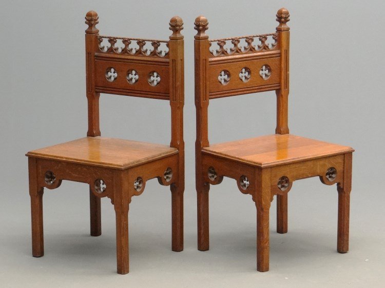 Pair Gothic Chairs Labeled Hayes & Finch: Pair early Gothic oak chairs labeled "Hayes & Finch....Liverpool". 18" seat Ht., 41" overall Ht.