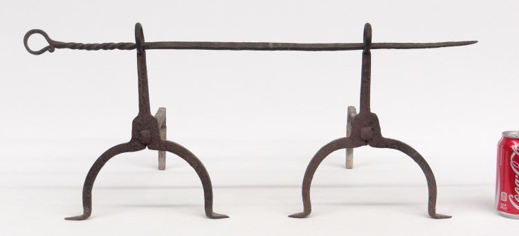 Andirons With Poker: Pair 18th c. loop top spade foot andirons with poker. 11 1/2" Ht., 13" D. Provenance Dr. Jamie Turndorf Millbrook New York.
