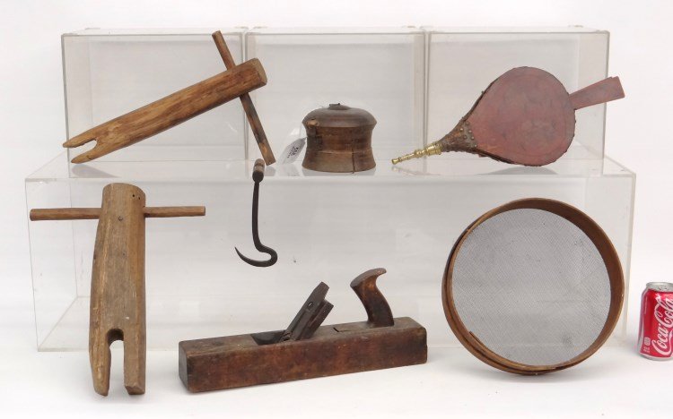Misc. Lot: Misc. lot including (2) wagon jacks, early covered box, hook, paint decorated bellows, sifter, wooden plane. Provenance Dr. Jamie Turndorf Millbrook New York.