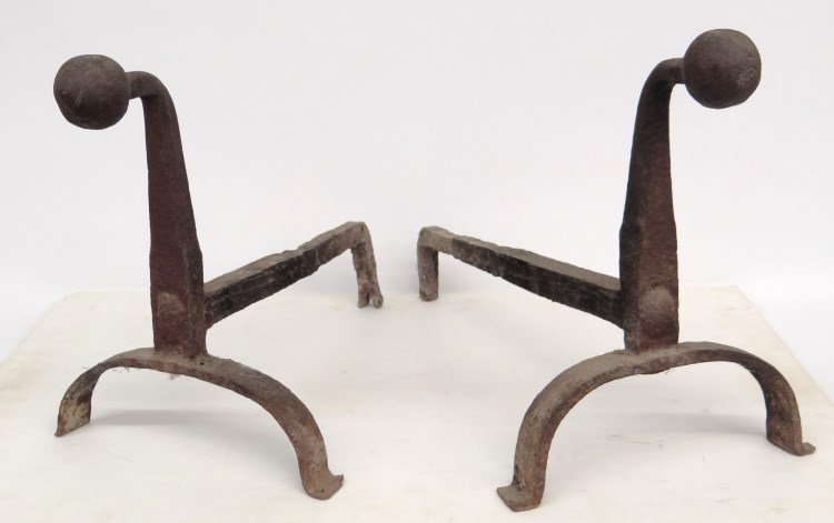 Andirons: Pair 18th c. andirons. 15" Ht., 24" D. Provenance Dr. Jamie Turndorf Millbrook New York.