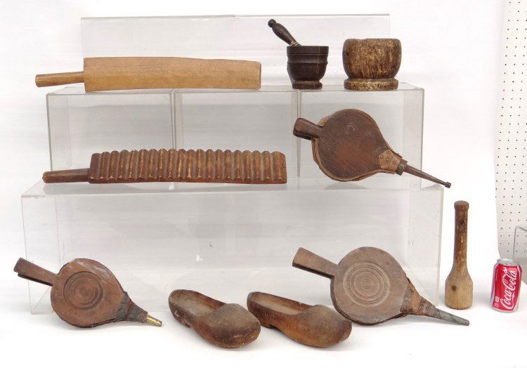 Woodenware Lot: Lot misc. woodenware including (2) mortar & pestles, wooden paddle, wooden clogs, (3) pair bellows and wash stick. Provenance Dr. Jamie Turndorf Millbrook New York.