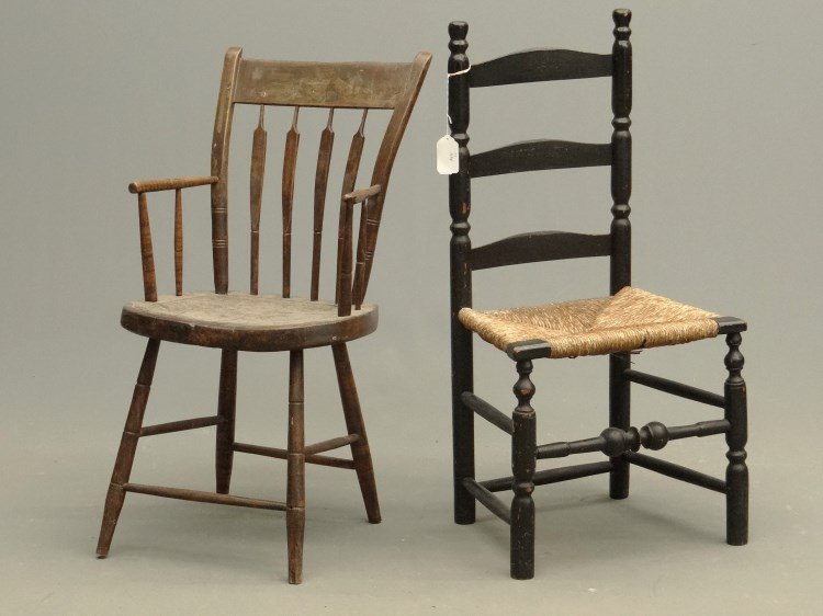 Early Chairs: Lot (2) early chairs including ladderback (17" seat Ht, 37" overall Ht.), and Windsor 18" seat Ht,, 34" overall Ht. Provenance Dr. Jamie Turndorf Millbrook New York.